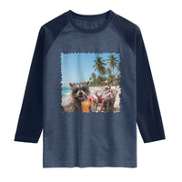 Christmas In July Raccoon And Santa Raglan Shirt Tropical Summer Vacation Graphic