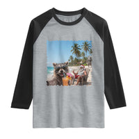 Christmas In July Raccoon And Santa Raglan Shirt Tropical Summer Vacation Graphic