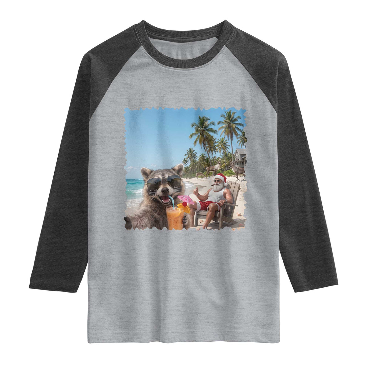 Christmas In July Raccoon And Santa Raglan Shirt Tropical Summer Vacation Graphic