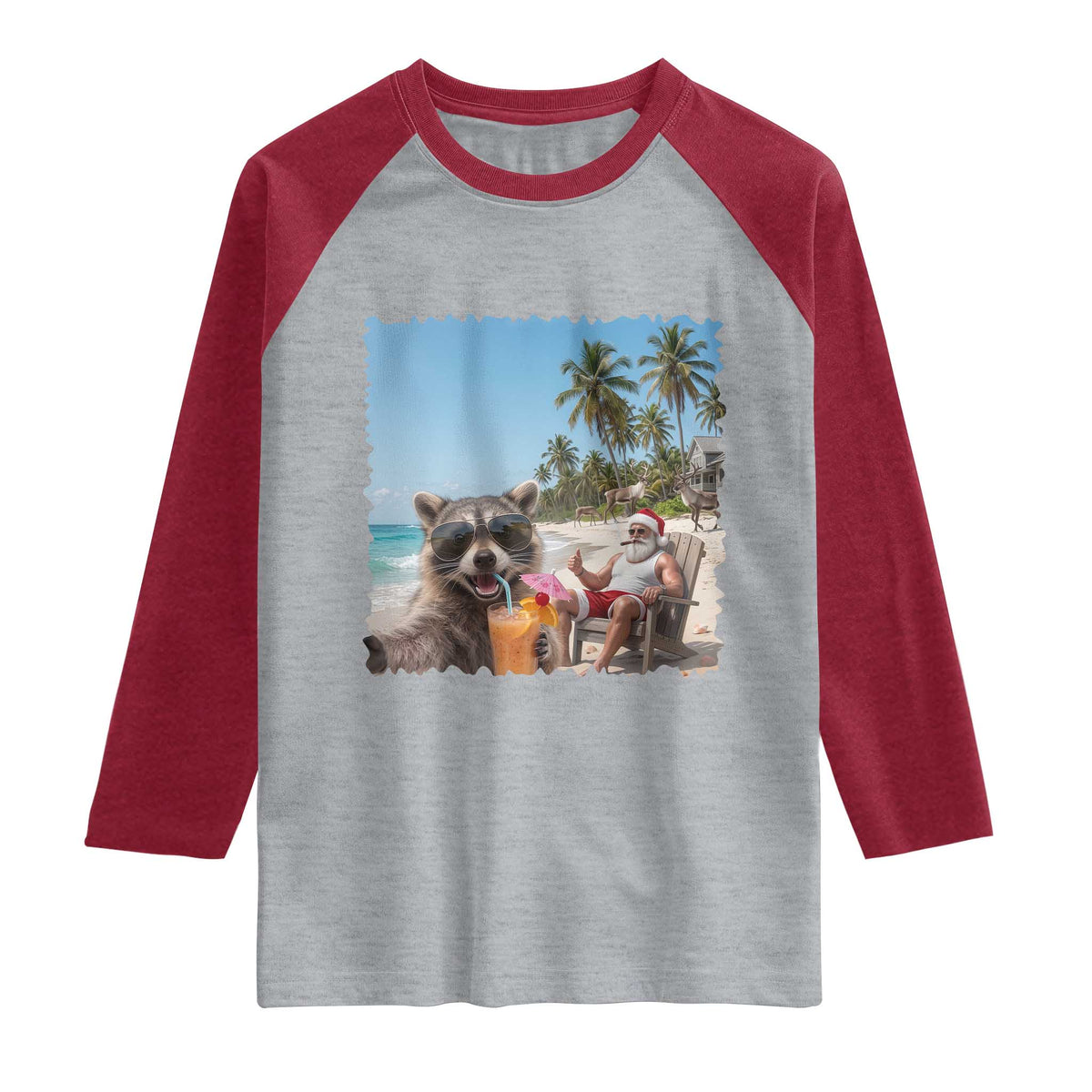 Christmas In July Raccoon And Santa Raglan Shirt Tropical Summer Vacation Graphic