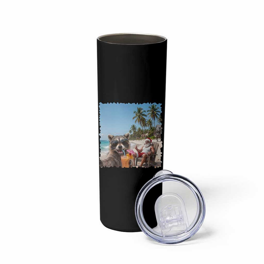 Christmas In July Raccoon And Santa Skinny Tumbler Tropical Summer Vacation Graphic