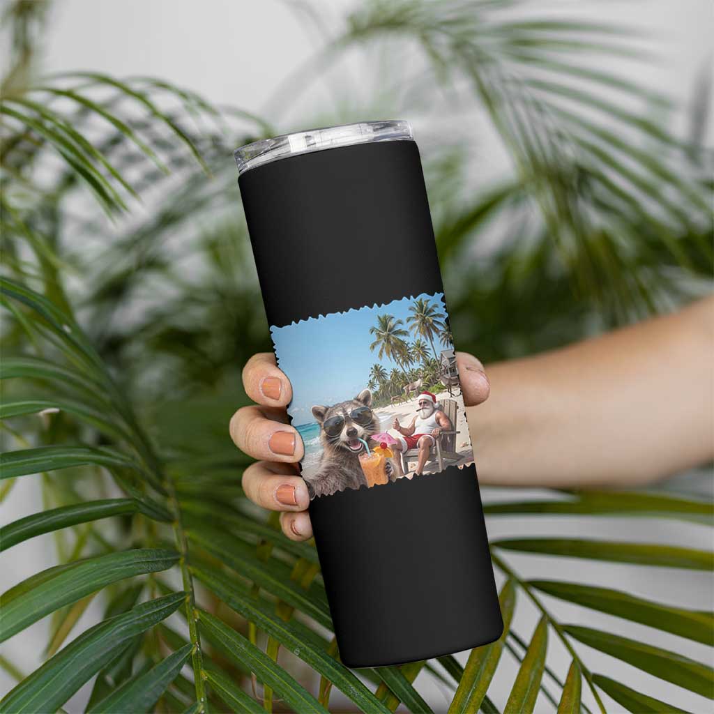 Christmas In July Raccoon And Santa Skinny Tumbler Tropical Summer Vacation Graphic