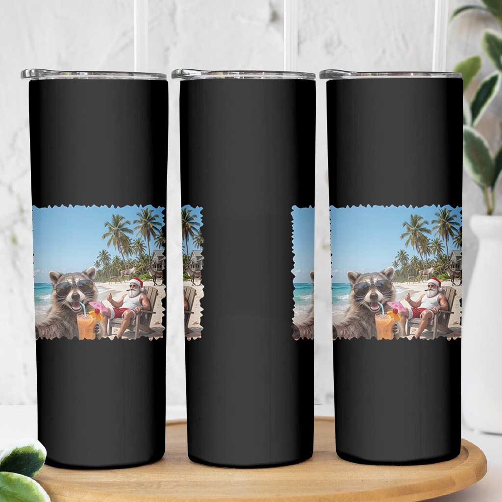 Christmas In July Raccoon And Santa Skinny Tumbler Tropical Summer Vacation Graphic