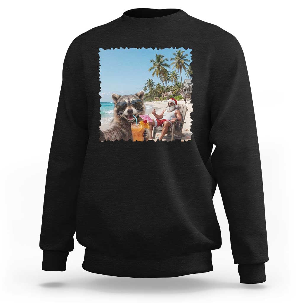 Christmas In July Raccoon And Santa Sweatshirt Tropical Summer Vacation Graphic