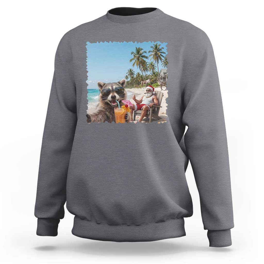 Christmas In July Raccoon And Santa Sweatshirt Tropical Summer Vacation Graphic