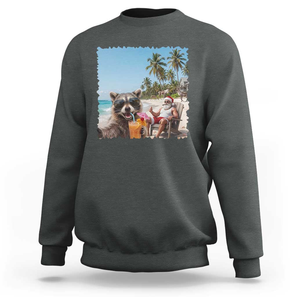 Christmas In July Raccoon And Santa Sweatshirt Tropical Summer Vacation Graphic