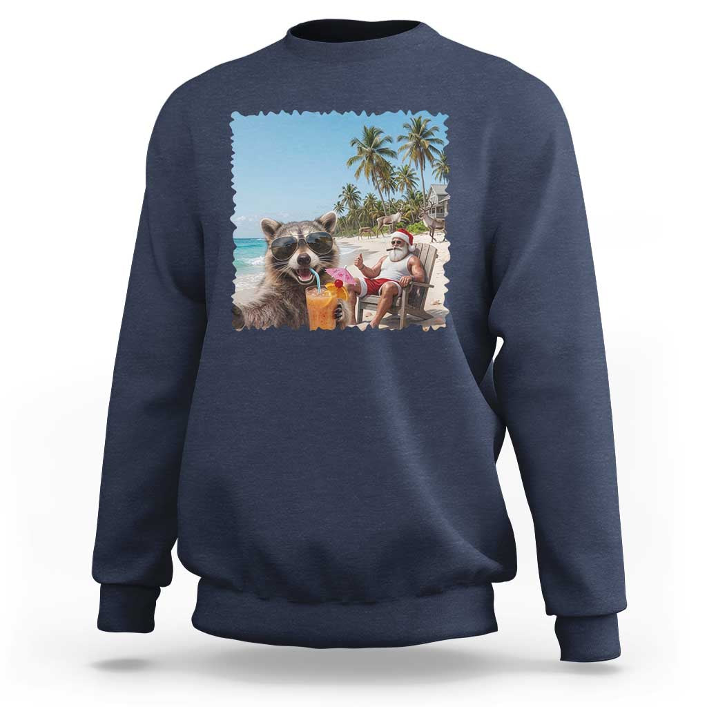 Christmas In July Raccoon And Santa Sweatshirt Tropical Summer Vacation Graphic