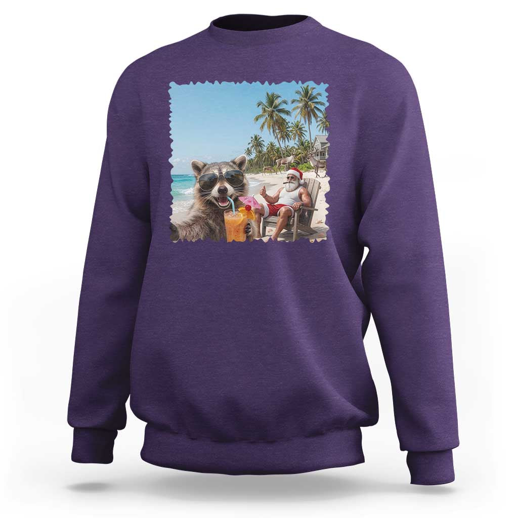 Christmas In July Raccoon And Santa Sweatshirt Tropical Summer Vacation Graphic