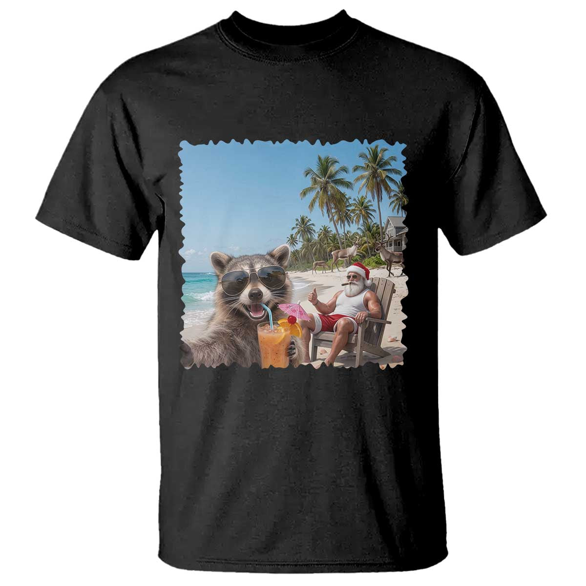 Christmas In July Raccoon And Santa T Shirt Tropical Summer Vacation Graphic