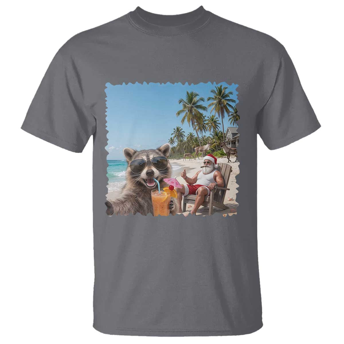 Christmas In July Raccoon And Santa T Shirt Tropical Summer Vacation Graphic