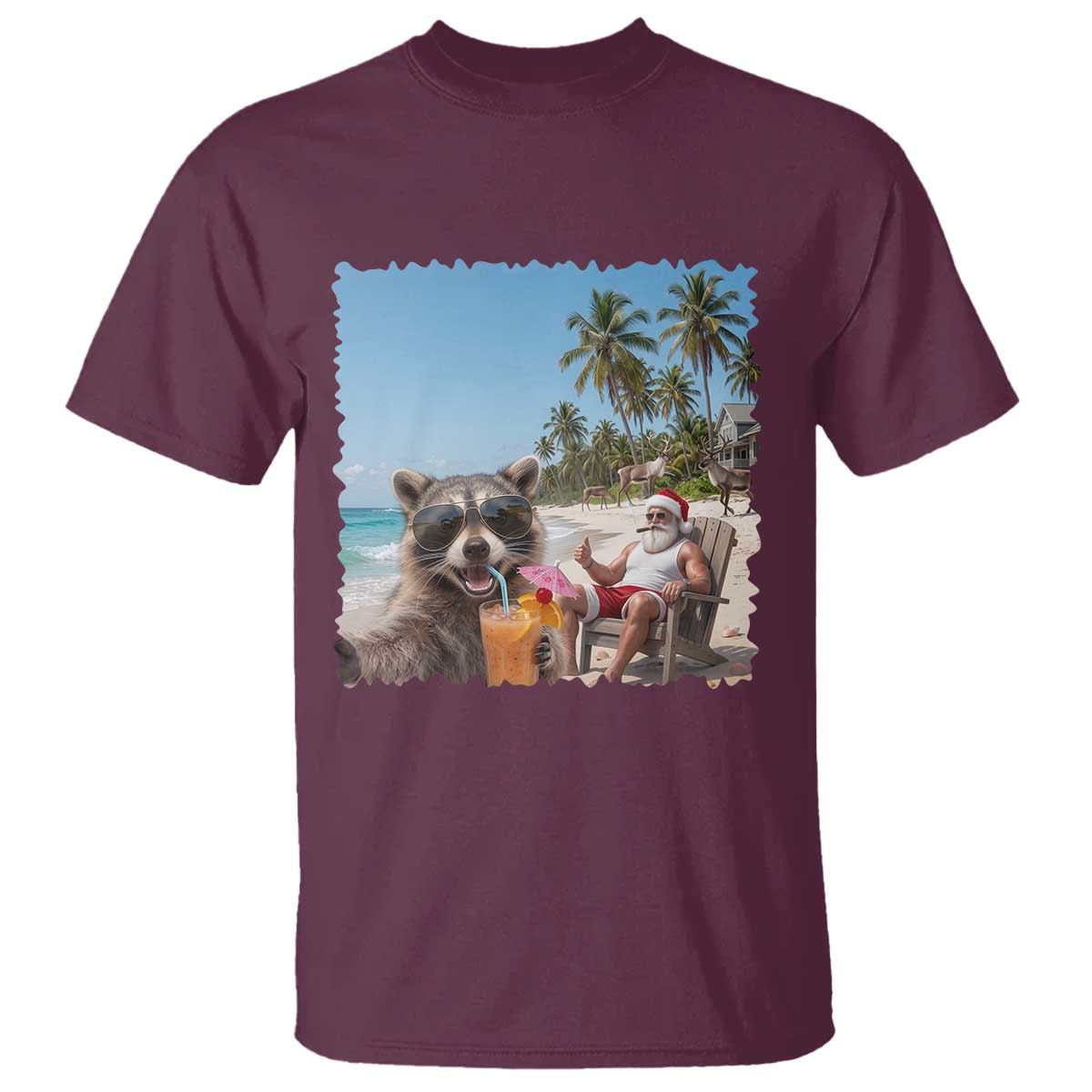 Christmas In July Raccoon And Santa T Shirt Tropical Summer Vacation Graphic