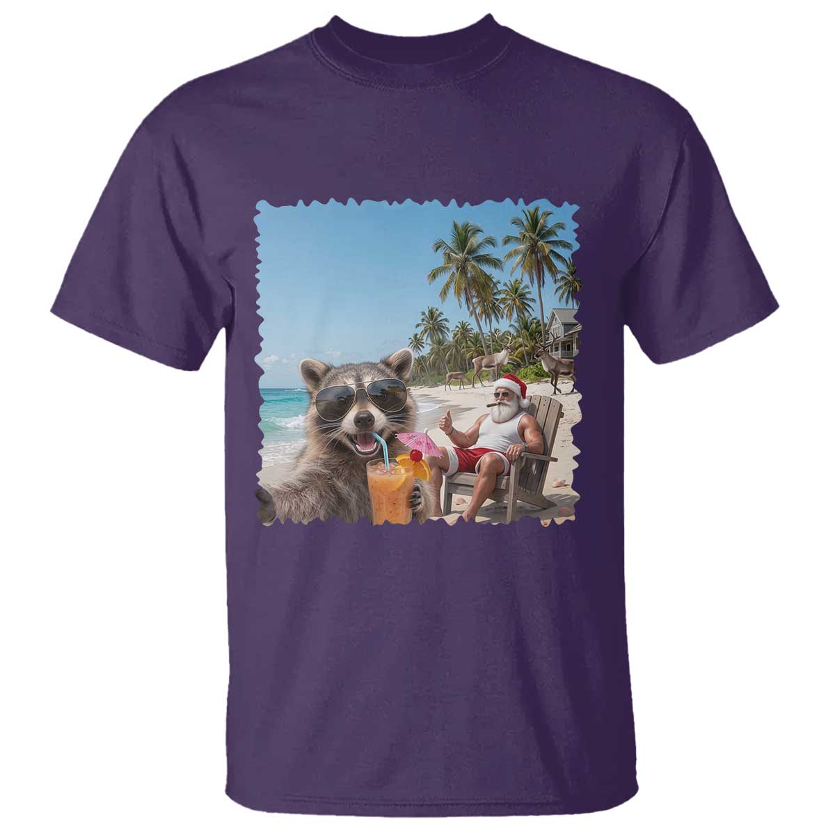 Christmas In July Raccoon And Santa T Shirt Tropical Summer Vacation Graphic