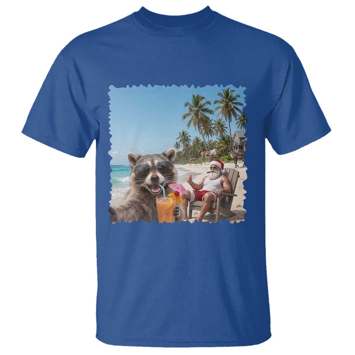 Christmas In July Raccoon And Santa T Shirt Tropical Summer Vacation Graphic