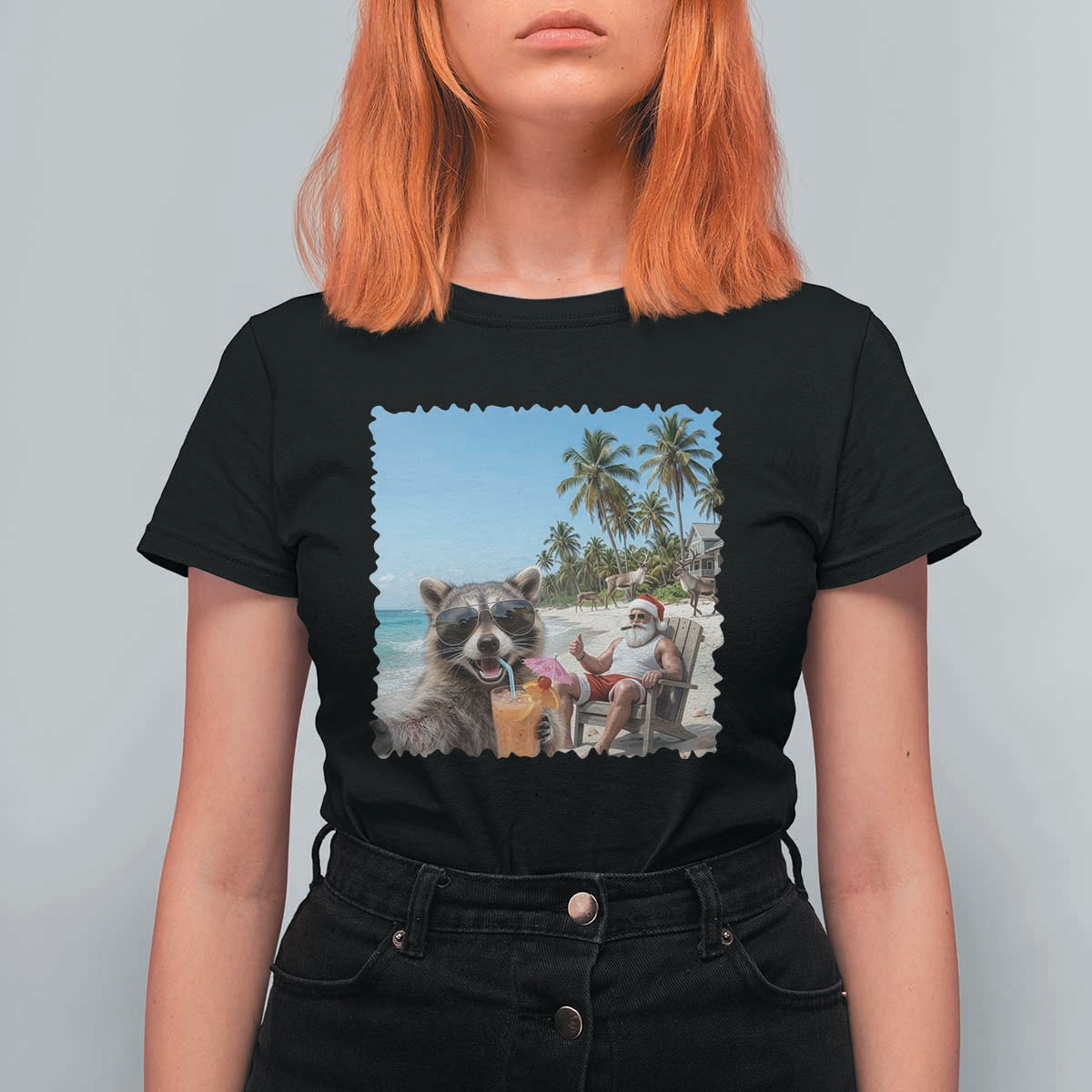 Christmas In July Raccoon And Santa T Shirt For Women Tropical Summer Vacation Graphic