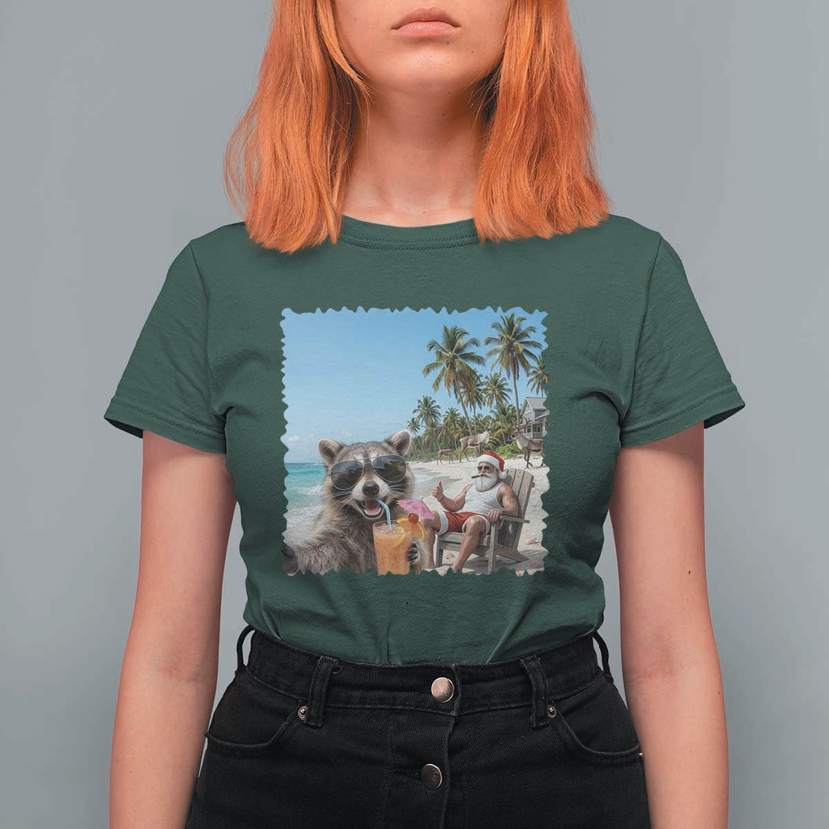 Christmas In July Raccoon And Santa T Shirt For Women Tropical Summer Vacation Graphic