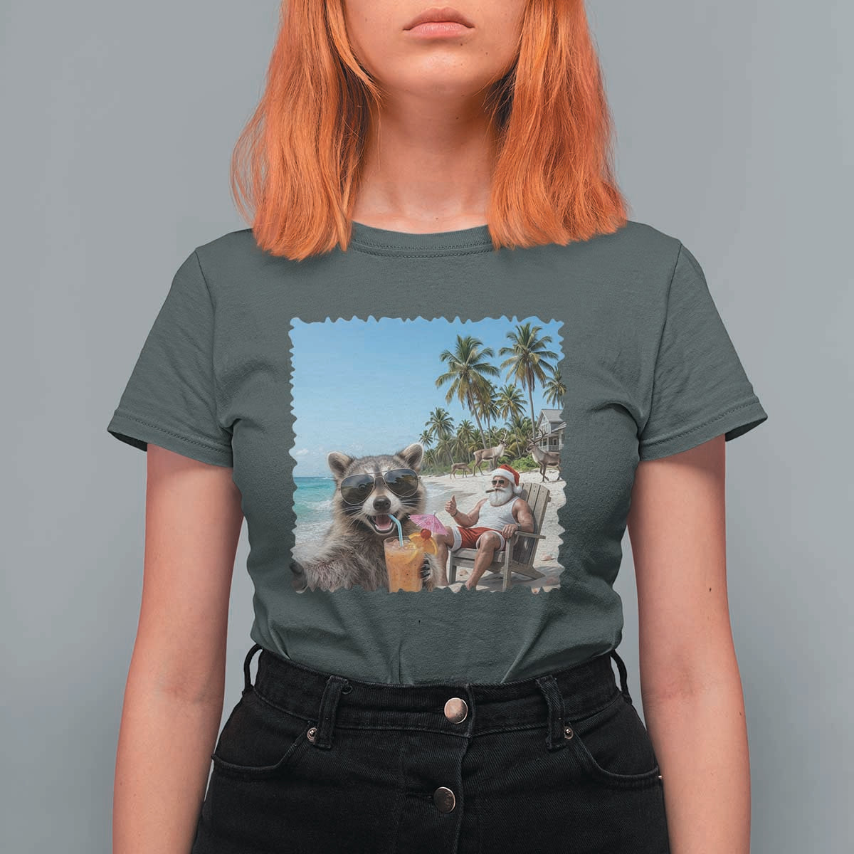 Christmas In July Raccoon And Santa T Shirt For Women Tropical Summer Vacation Graphic