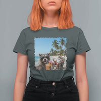 Christmas In July Raccoon And Santa T Shirt For Women Tropical Summer Vacation Graphic