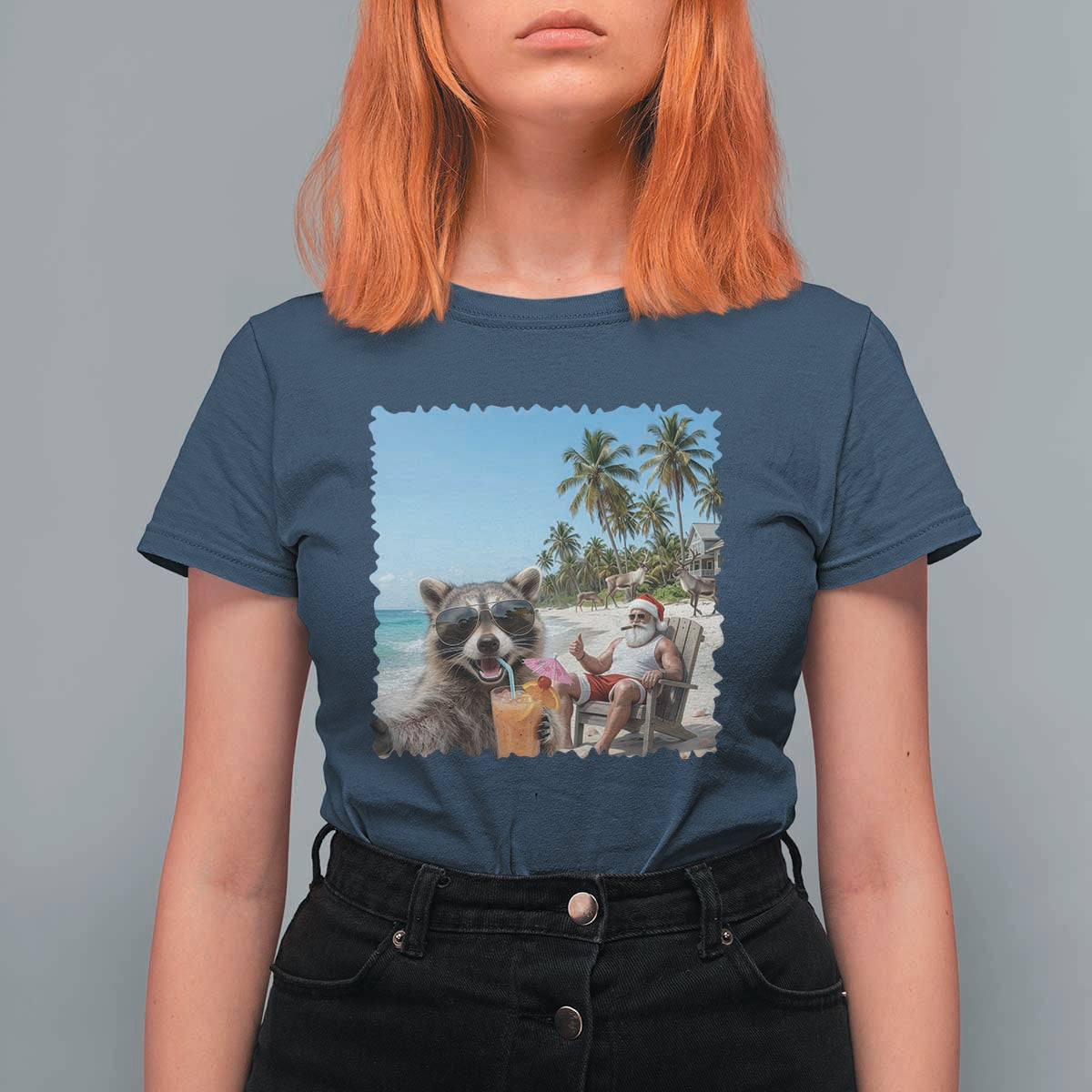 Christmas In July Raccoon And Santa T Shirt For Women Tropical Summer Vacation Graphic