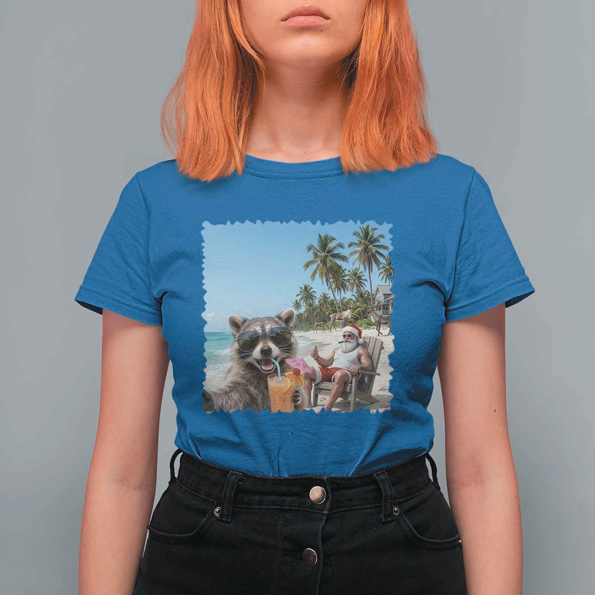 Christmas In July Raccoon And Santa T Shirt For Women Tropical Summer Vacation Graphic