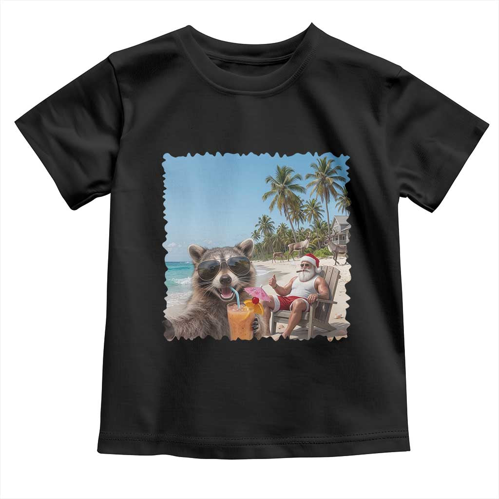Christmas In July Raccoon And Santa Toddler T Shirt Tropical Summer Vacation Graphic
