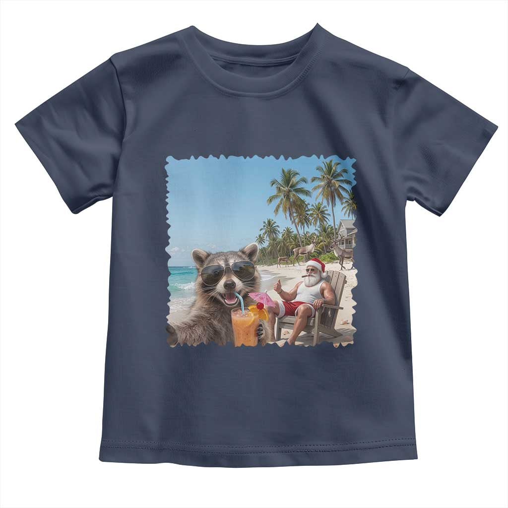 Christmas In July Raccoon And Santa Toddler T Shirt Tropical Summer Vacation Graphic