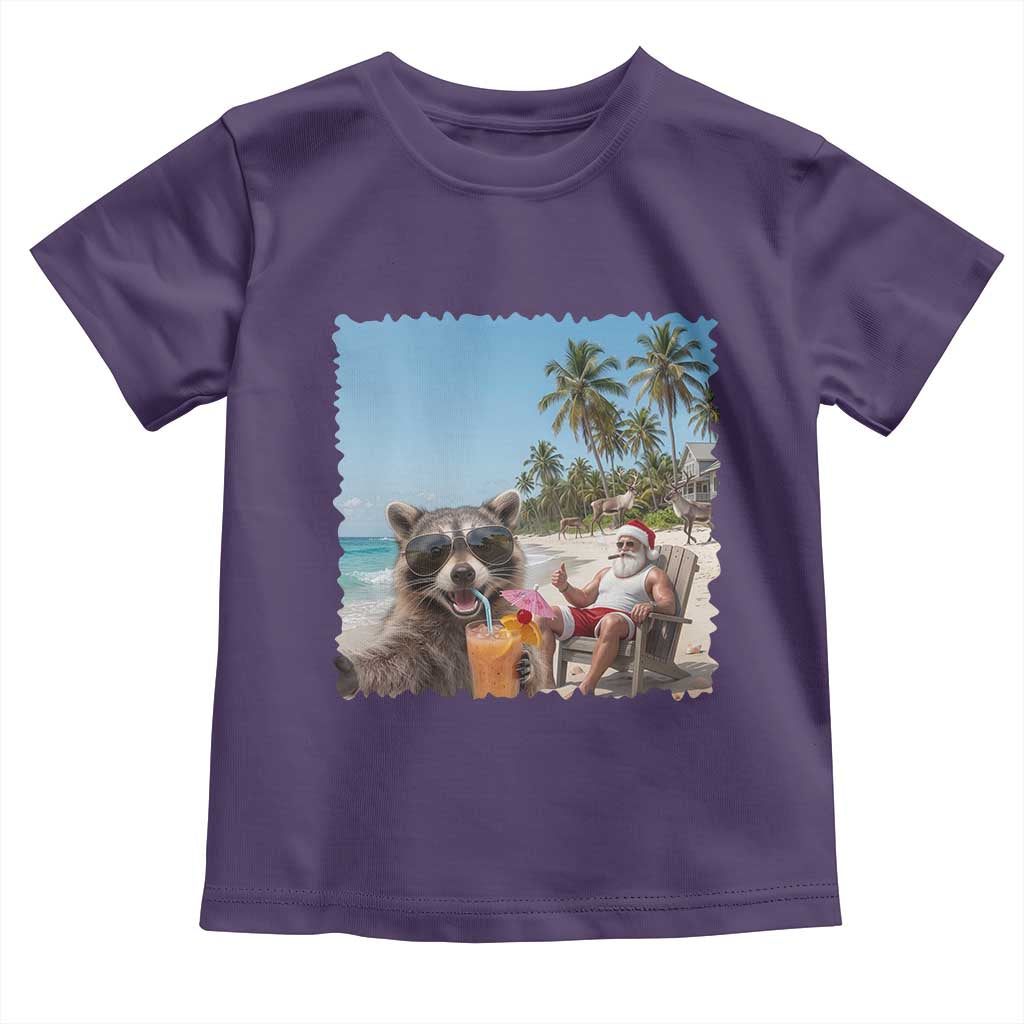 Christmas In July Raccoon And Santa Toddler T Shirt Tropical Summer Vacation Graphic
