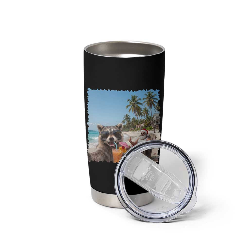 Christmas In July Raccoon And Santa Tumbler Cup Tropical Summer Vacation Graphic