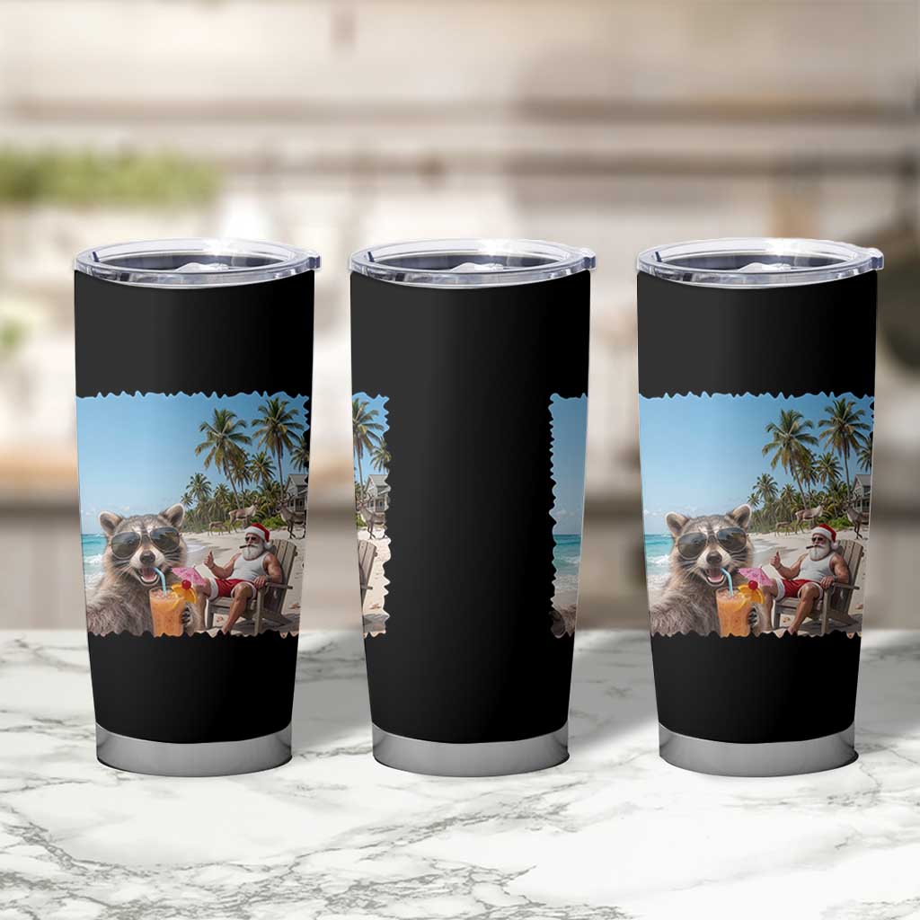 Christmas In July Raccoon And Santa Tumbler Cup Tropical Summer Vacation Graphic