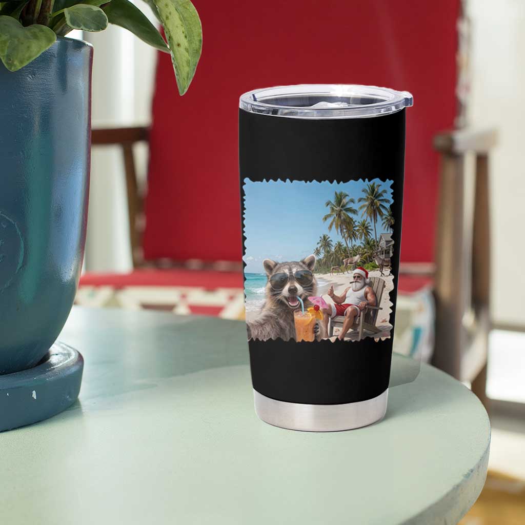 Christmas In July Raccoon And Santa Tumbler Cup Tropical Summer Vacation Graphic