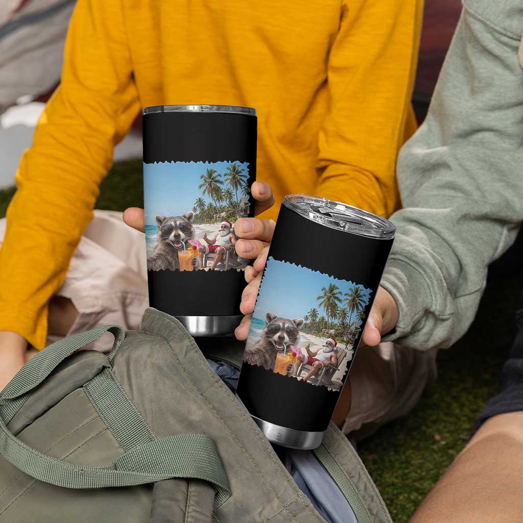 Christmas In July Raccoon And Santa Tumbler Cup Tropical Summer Vacation Graphic