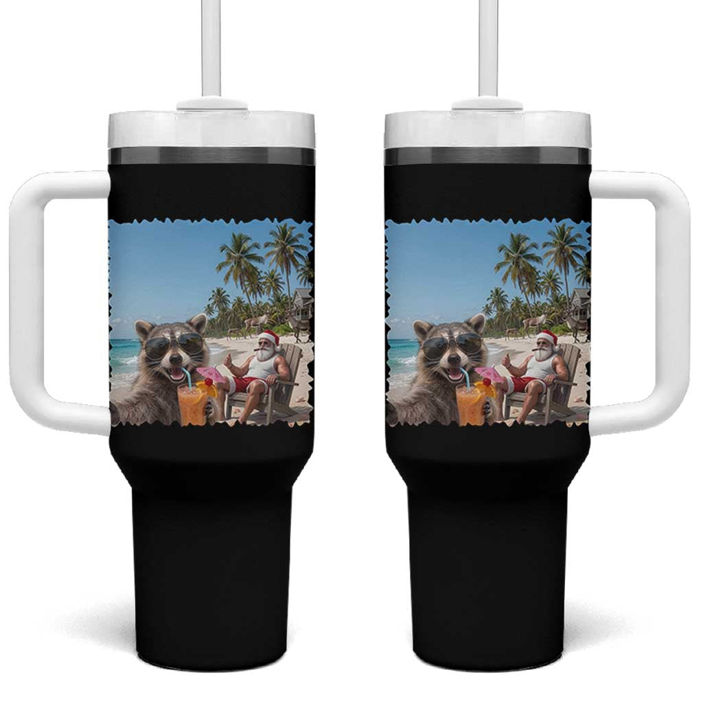 Christmas In July Raccoon And Santa Tumbler With Handle Tropical Summer Vacation Graphic