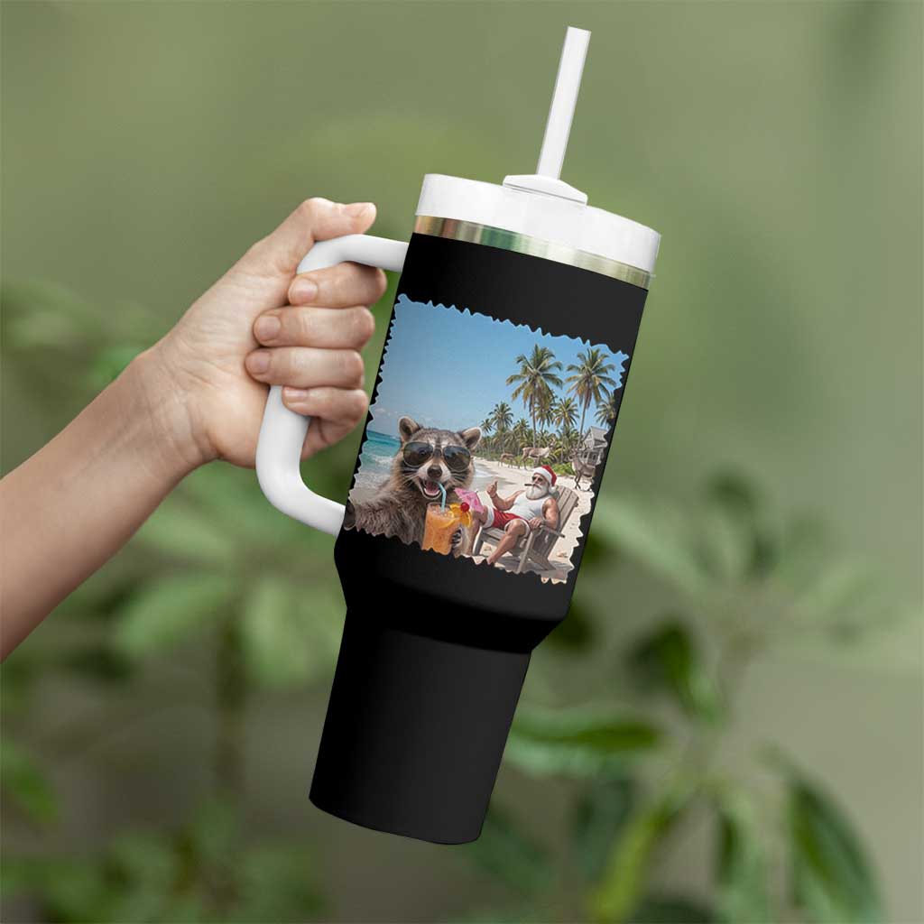 Christmas In July Raccoon And Santa Tumbler With Handle Tropical Summer Vacation Graphic