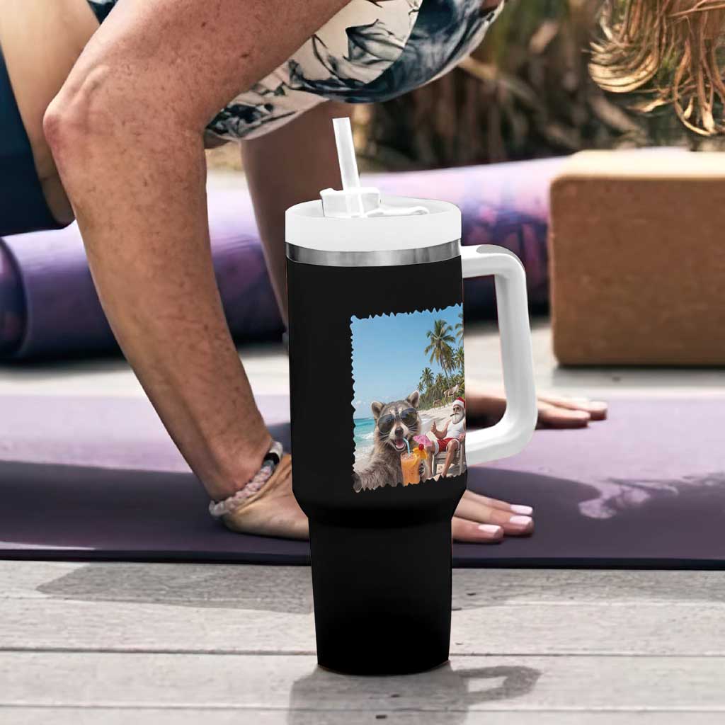 Christmas In July Raccoon And Santa Tumbler With Handle Tropical Summer Vacation Graphic