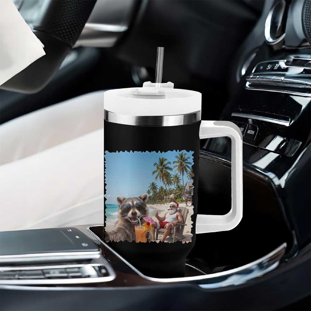 Christmas In July Raccoon And Santa Tumbler With Handle Tropical Summer Vacation Graphic