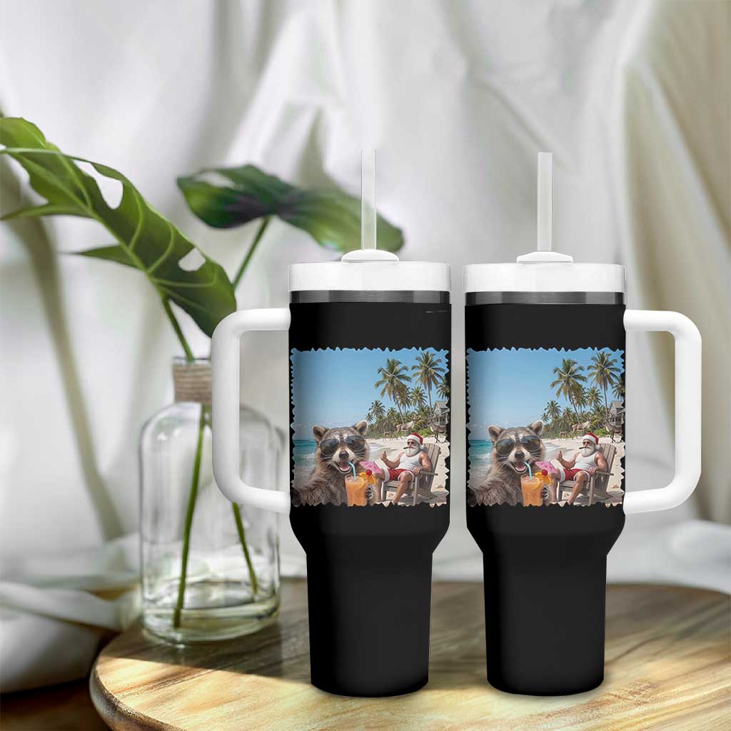 Christmas In July Raccoon And Santa Tumbler With Handle Tropical Summer Vacation Graphic