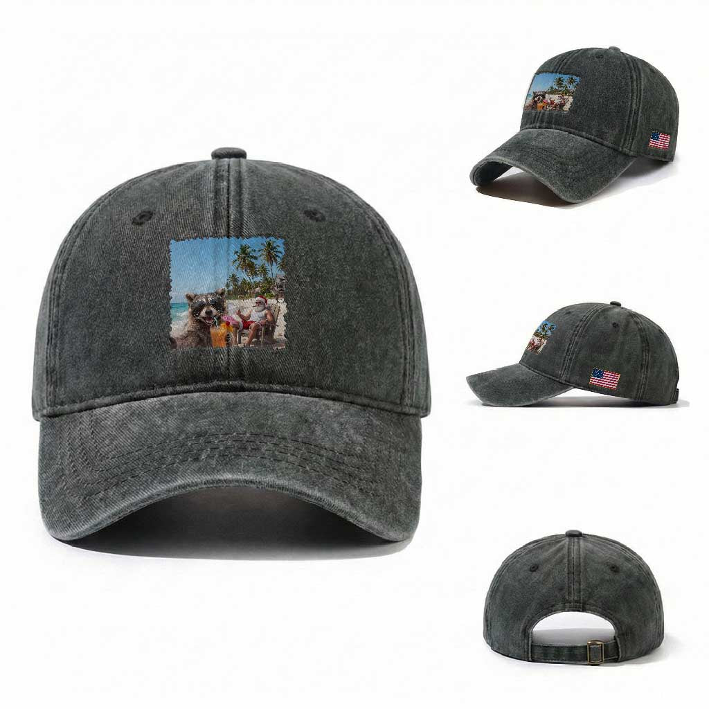 Christmas In July Raccoon And Santa Washed Cotton Baseball Cap Tropical Summer Vacation Graphic