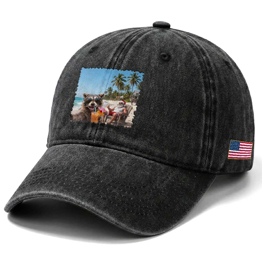 Christmas In July Raccoon And Santa Washed Cotton Baseball Cap Tropical Summer Vacation Graphic