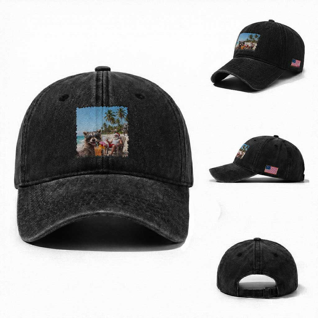 Christmas In July Raccoon And Santa Washed Cotton Baseball Cap Tropical Summer Vacation Graphic