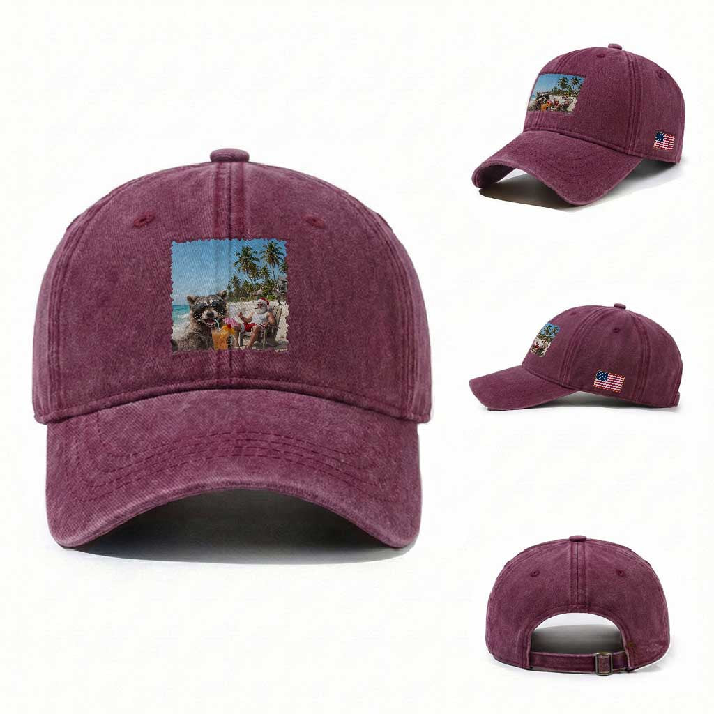 Christmas In July Raccoon And Santa Washed Cotton Baseball Cap Tropical Summer Vacation Graphic