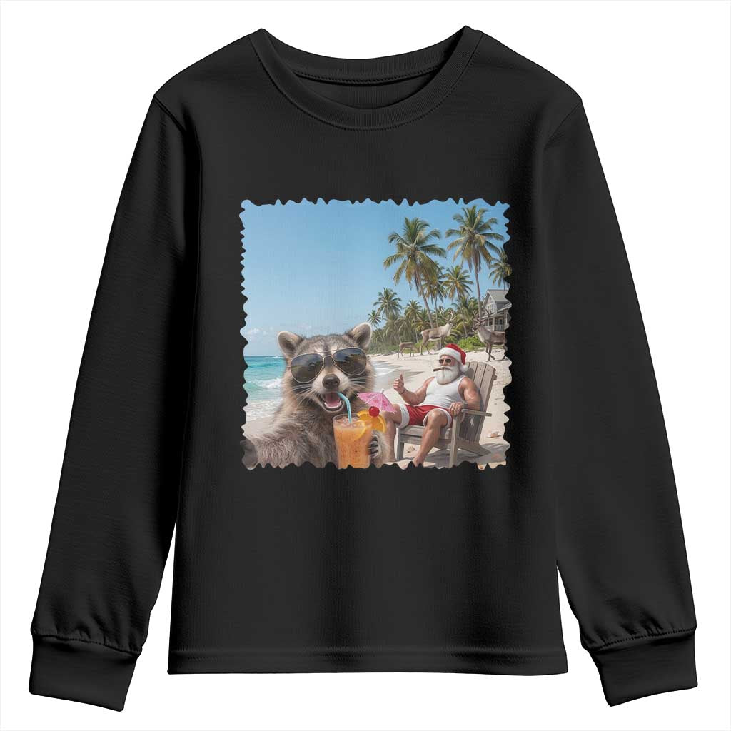 Christmas In July Raccoon And Santa Youth Sweatshirt Tropical Summer Vacation Graphic