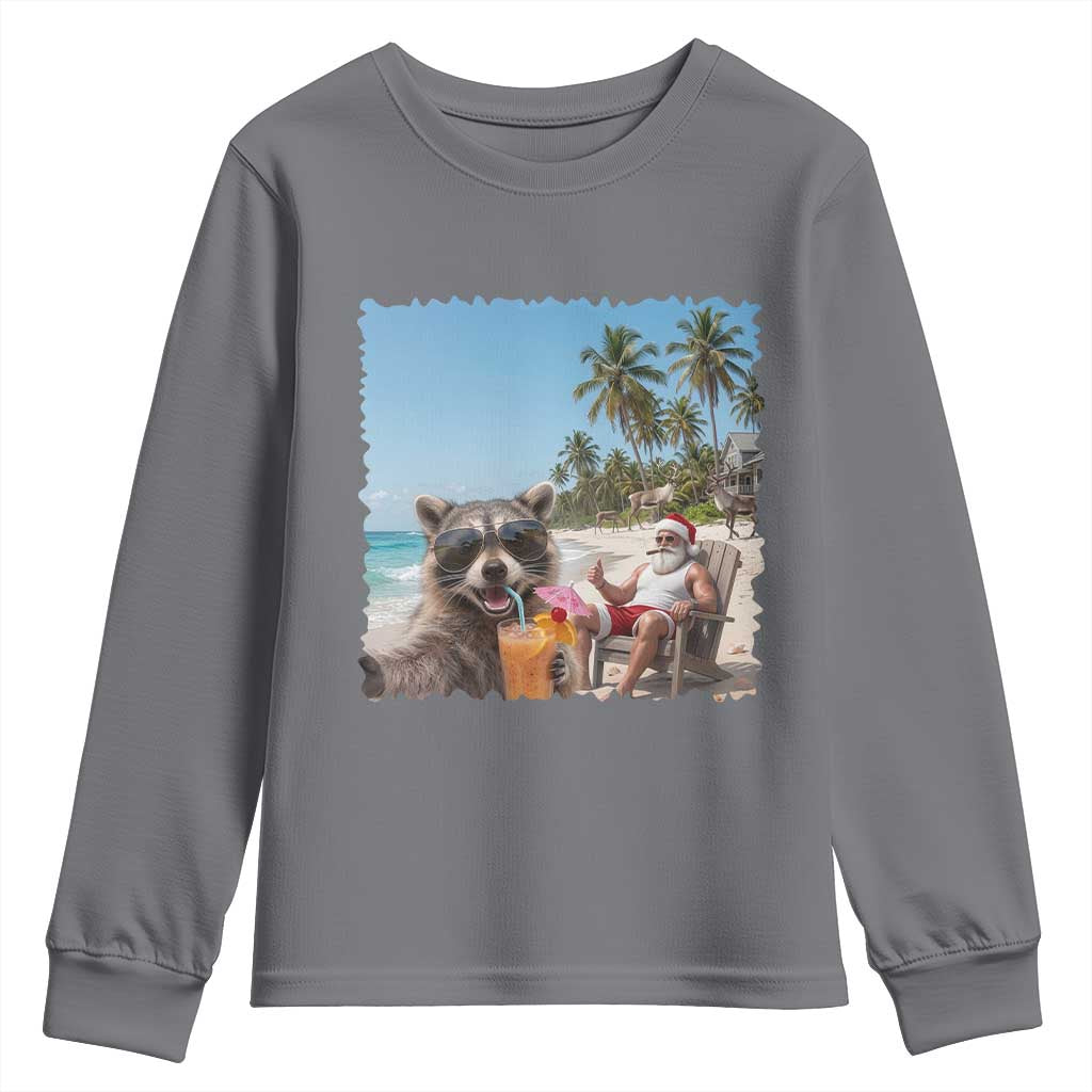 Christmas In July Raccoon And Santa Youth Sweatshirt Tropical Summer Vacation Graphic