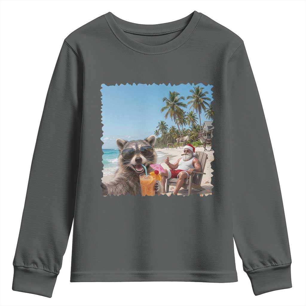 Christmas In July Raccoon And Santa Youth Sweatshirt Tropical Summer Vacation Graphic