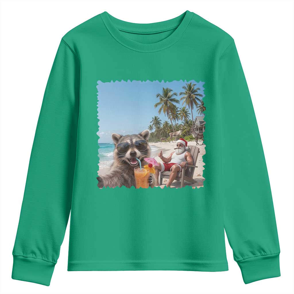 Christmas In July Raccoon And Santa Youth Sweatshirt Tropical Summer Vacation Graphic