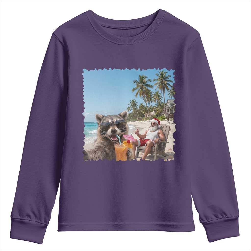 Christmas In July Raccoon And Santa Youth Sweatshirt Tropical Summer Vacation Graphic
