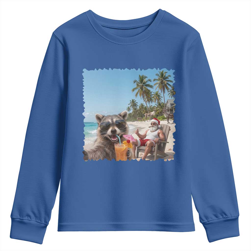 Christmas In July Raccoon And Santa Youth Sweatshirt Tropical Summer Vacation Graphic