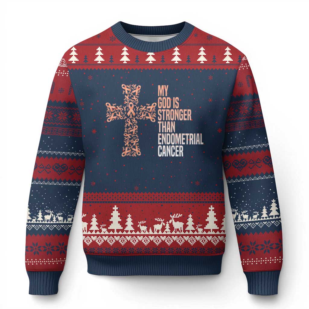 Religious Endometrial Cancer Awareness Ugly Christmas Sweater My God Is Stronger Than Cancer