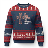 Religious Endometrial Cancer Awareness Ugly Christmas Sweater My God Is Stronger Than Cancer