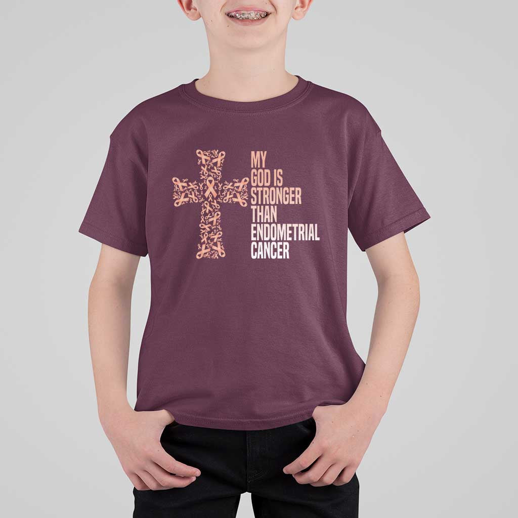 Religious Endometrial Cancer Awareness T Shirt For Kid My God Is Stronger Than Cancer