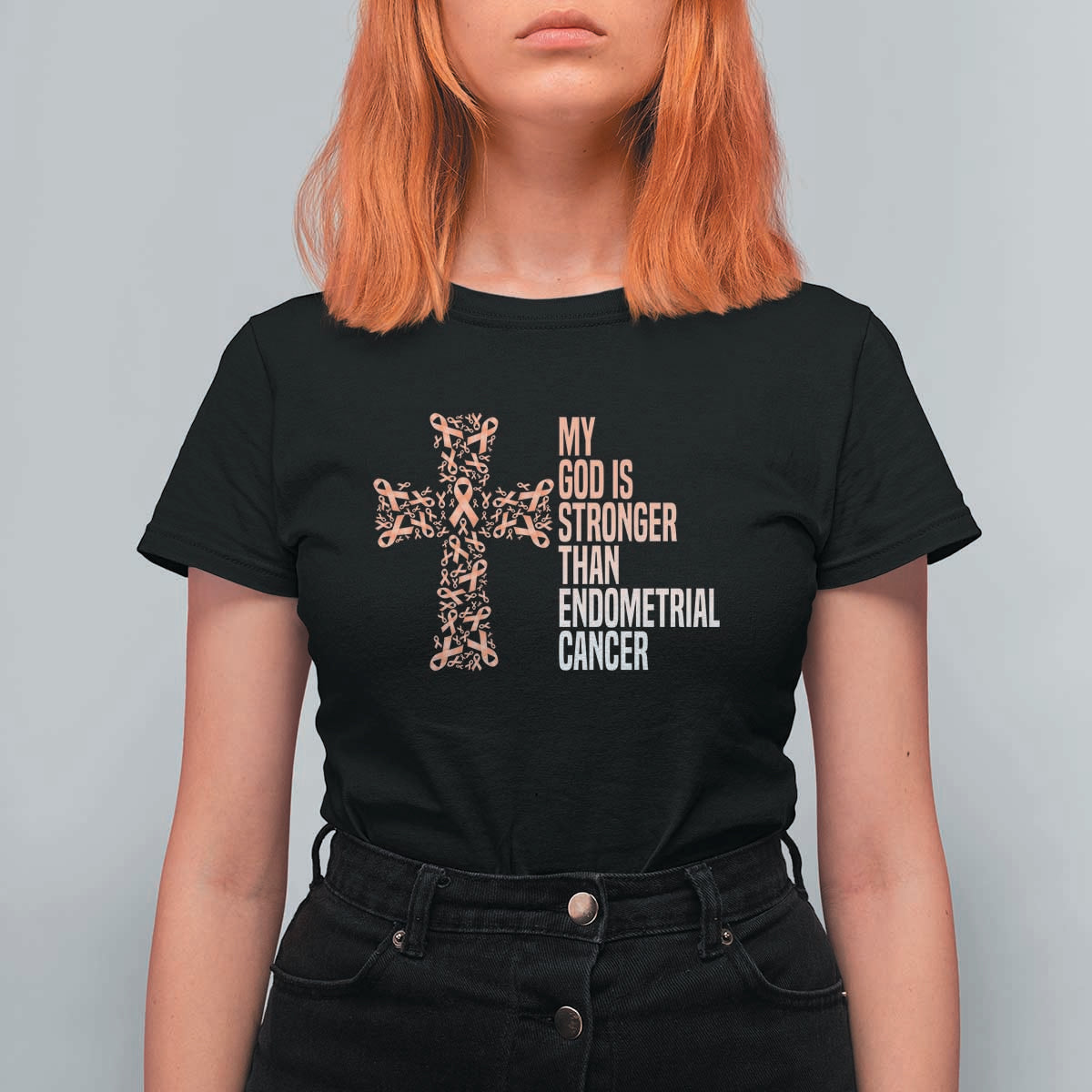 Religious Endometrial Cancer Awareness T Shirt For Women My God Is Stronger Than Cancer