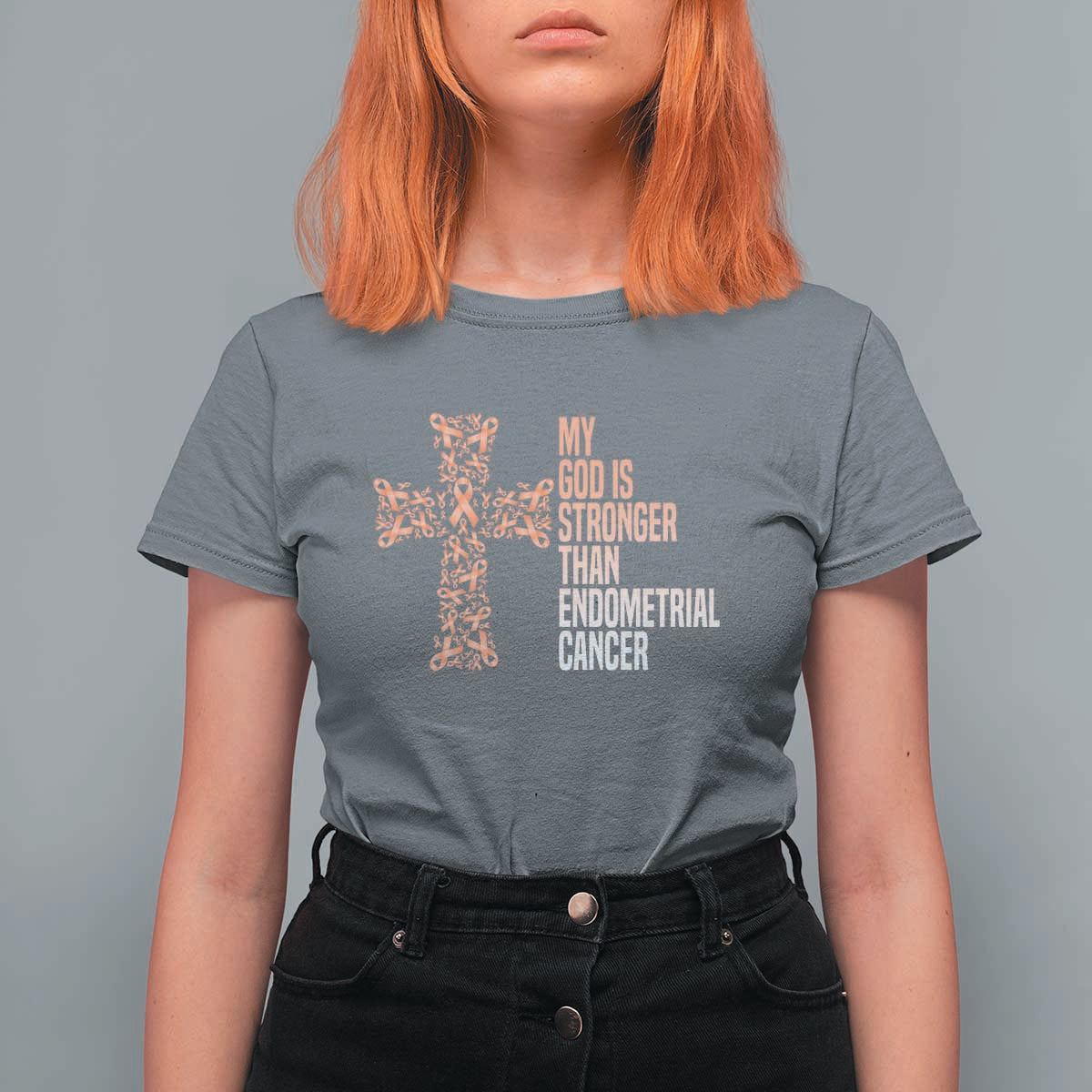 Religious Endometrial Cancer Awareness T Shirt For Women My God Is Stronger Than Cancer